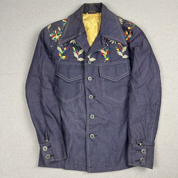 Vtg Denim Blazer Jacket Sport Coat Suit Gabardine Chambray Disco Rockabilly S